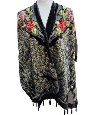Velvet Burnout World Market Peacock Floral Kimono Tassel Trim OS Boho Whimsygoth